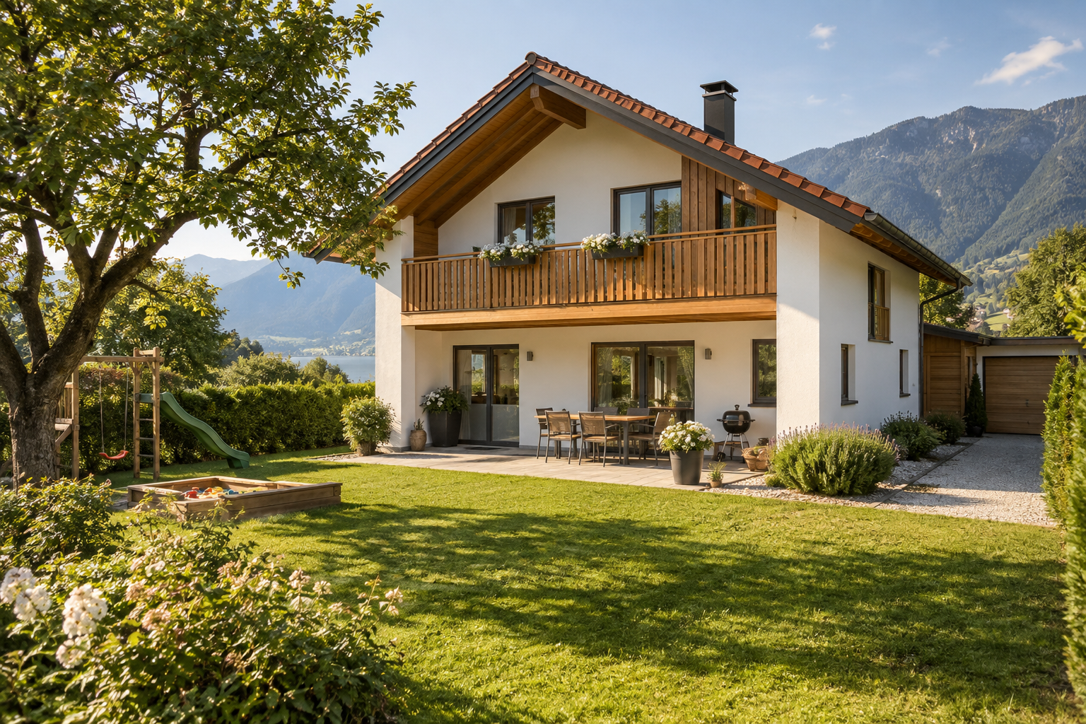 Vollständig sichtbares Familienhaus mit Garten und Spielbereich