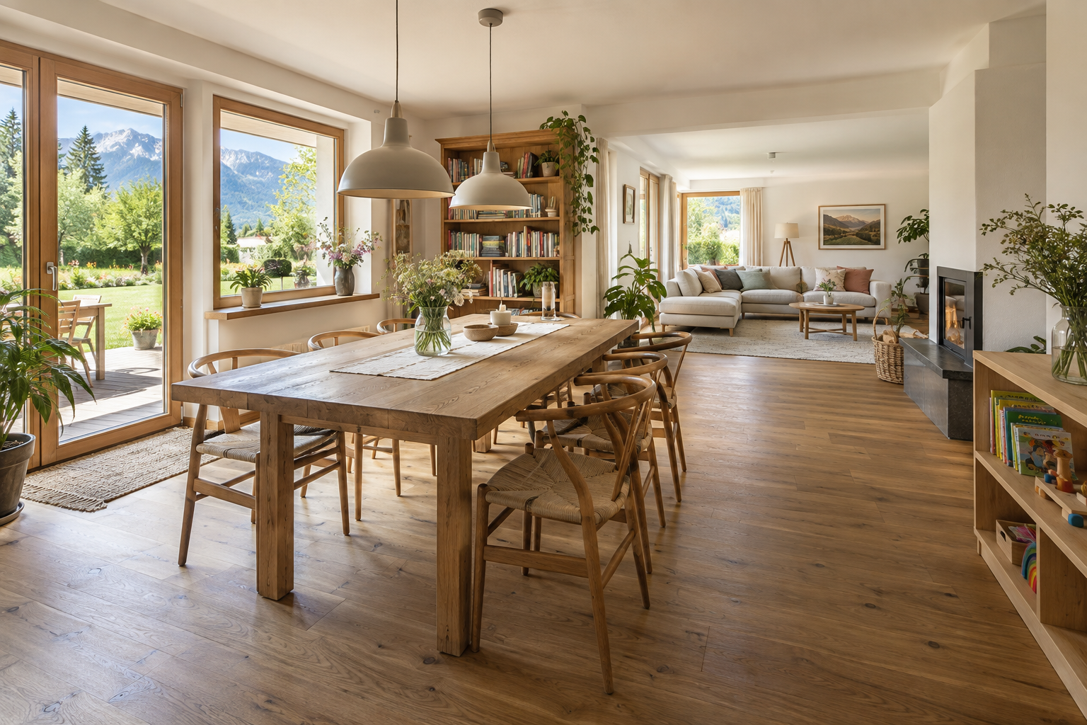 Heller Familienwohnraum mit Esstisch, Büchern und Blick in den Garten